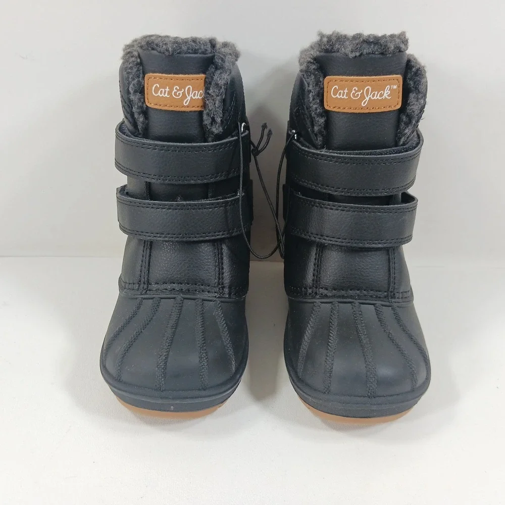 Cat & Jack Toddler Boys Black Winter Snow Boots Faux Fur Lined Size 10 Hook Loop